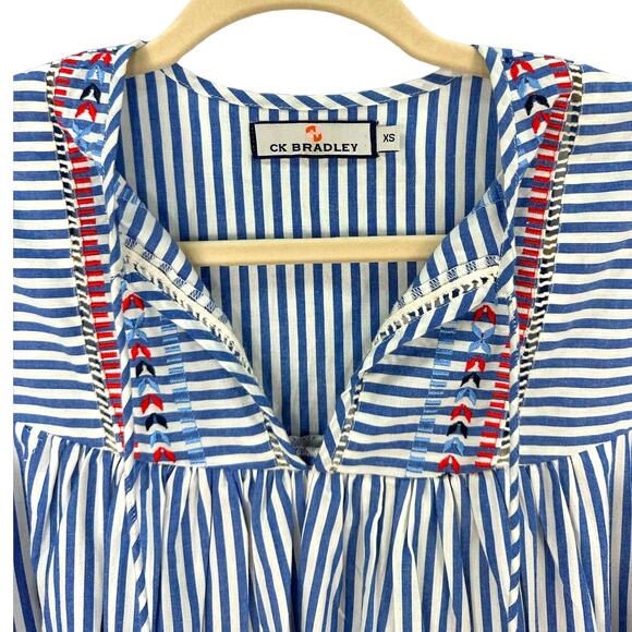 CK Bradley Oopsy Blue Stripe Embroidered Oversized Blouse Balloon Sleeve XS - Picture 7 of 7